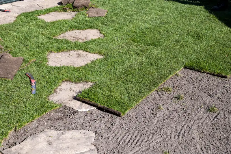 Gazon aanleggen — graszoden gelegd rondom stapstenen